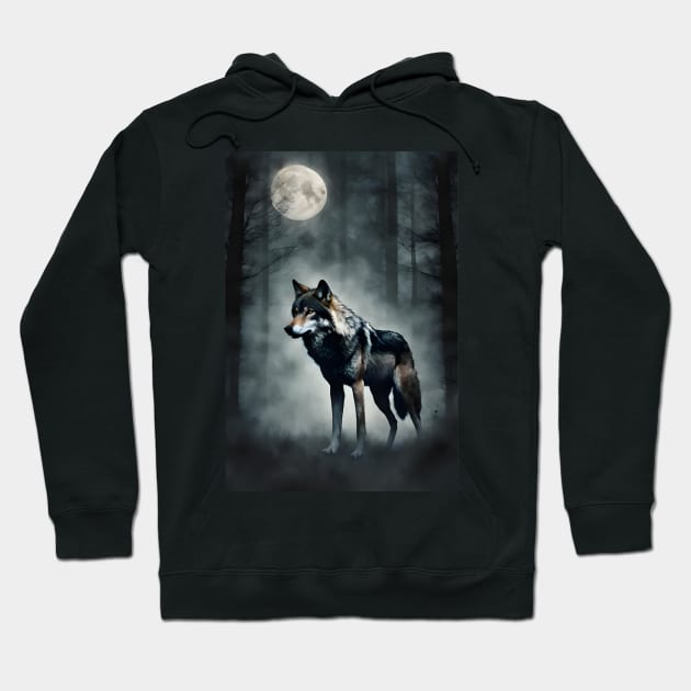 Mysterious Wolf in the Foggy Dark Forest Vintage Hoodie by Art-Jiyuu